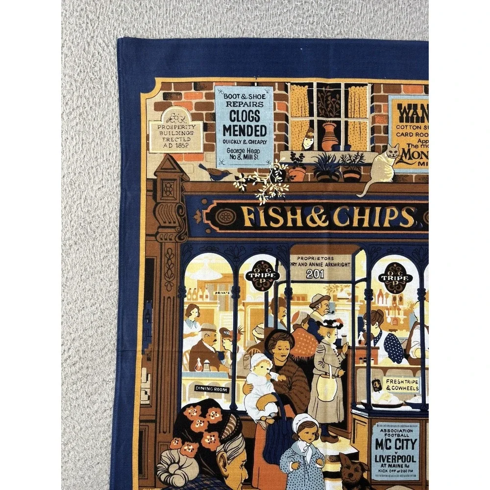 Vintage Fish & Chips Victorian Shop Tea Towel MCM 100% Cotton Kitchen Cat